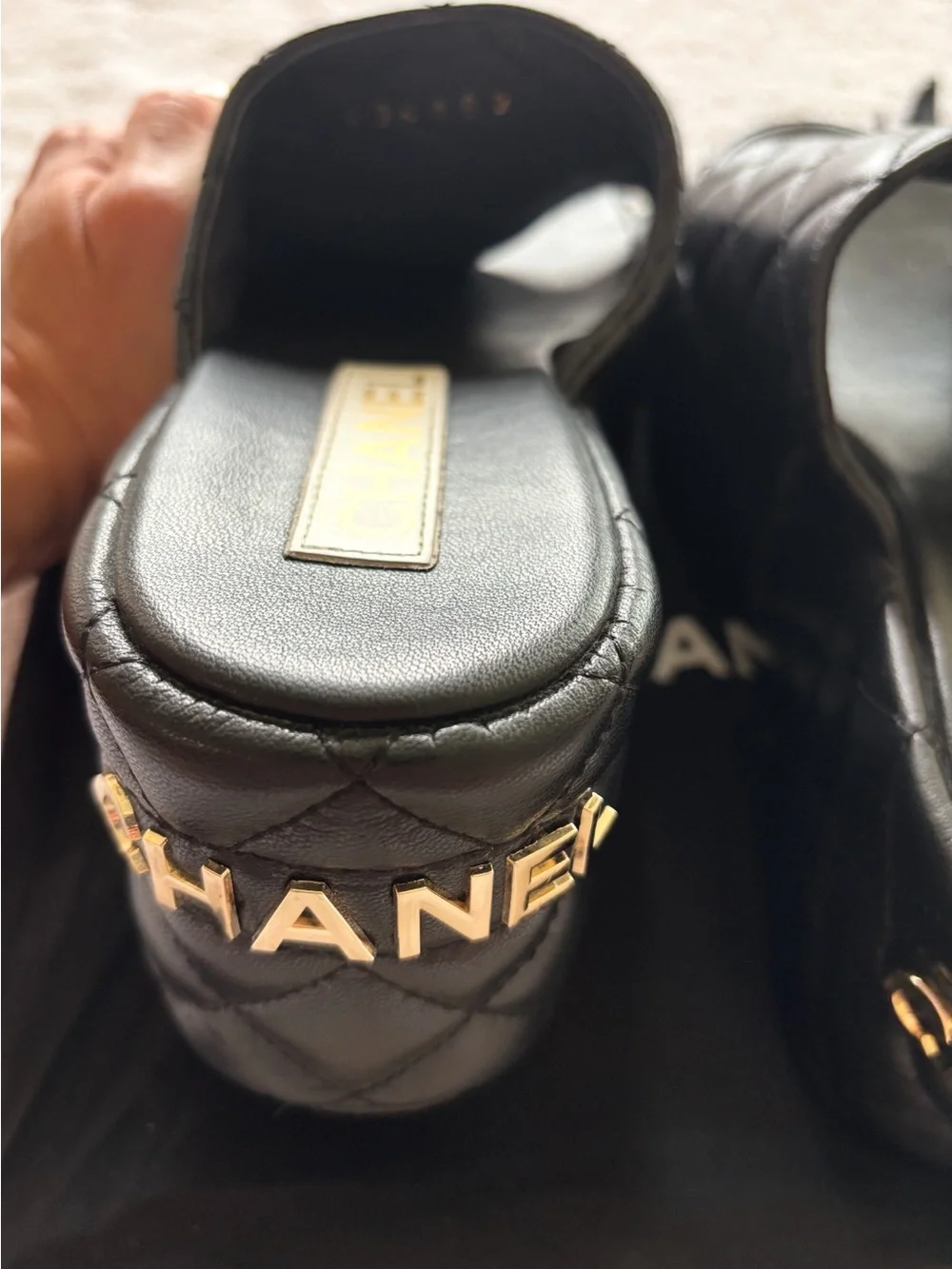 CHANEL Black Quilted Lambskin CC Platform Mules